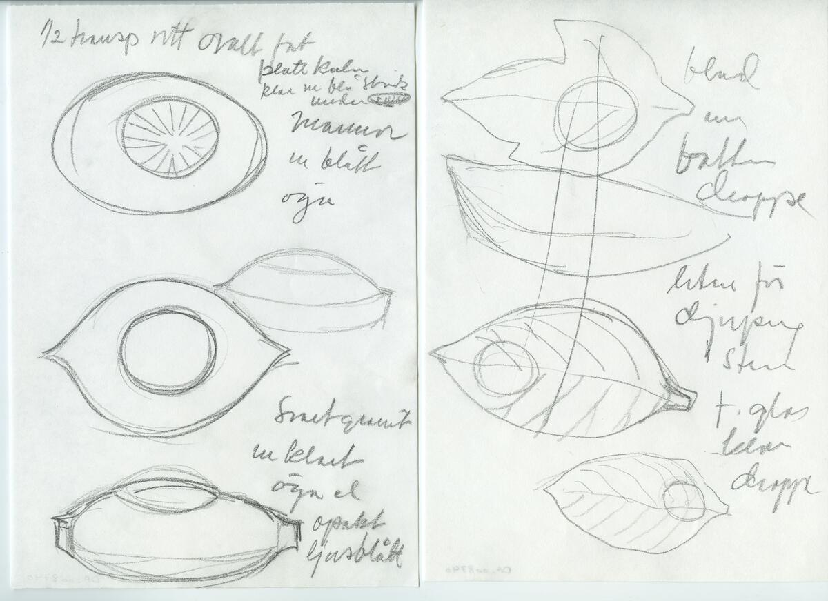 Skisser och referensmaterial till olika porslin- och glasföremål som grytor, kannor, koppar med fat, servisglas m.m. Bland annat formgivning för Rosenthal. Några skisskopior av Tapio Wirkkalas formgivning för Venini - inspirationsmaterial?