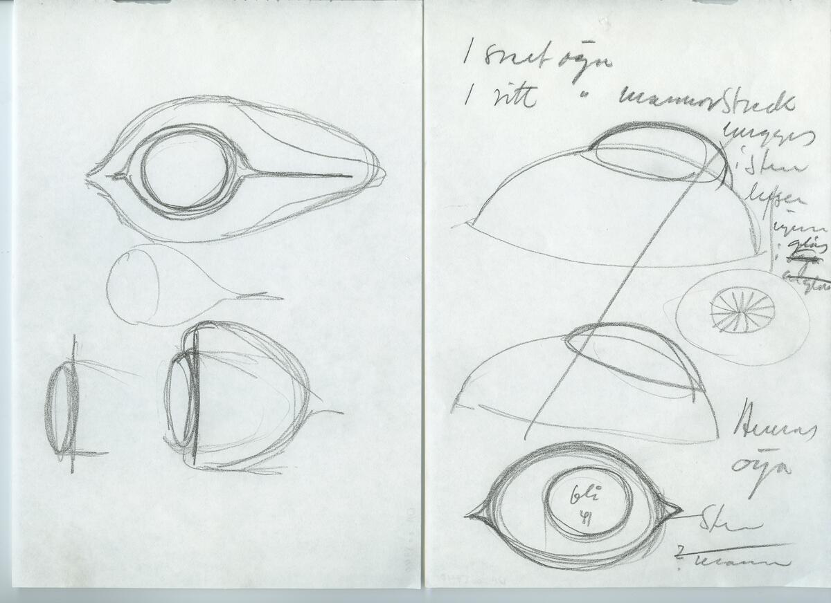 Skisser och referensmaterial till olika porslin- och glasföremål som grytor, kannor, koppar med fat, servisglas m.m. Bland annat formgivning för Rosenthal. Några skisskopior av Tapio Wirkkalas formgivning för Venini - inspirationsmaterial?