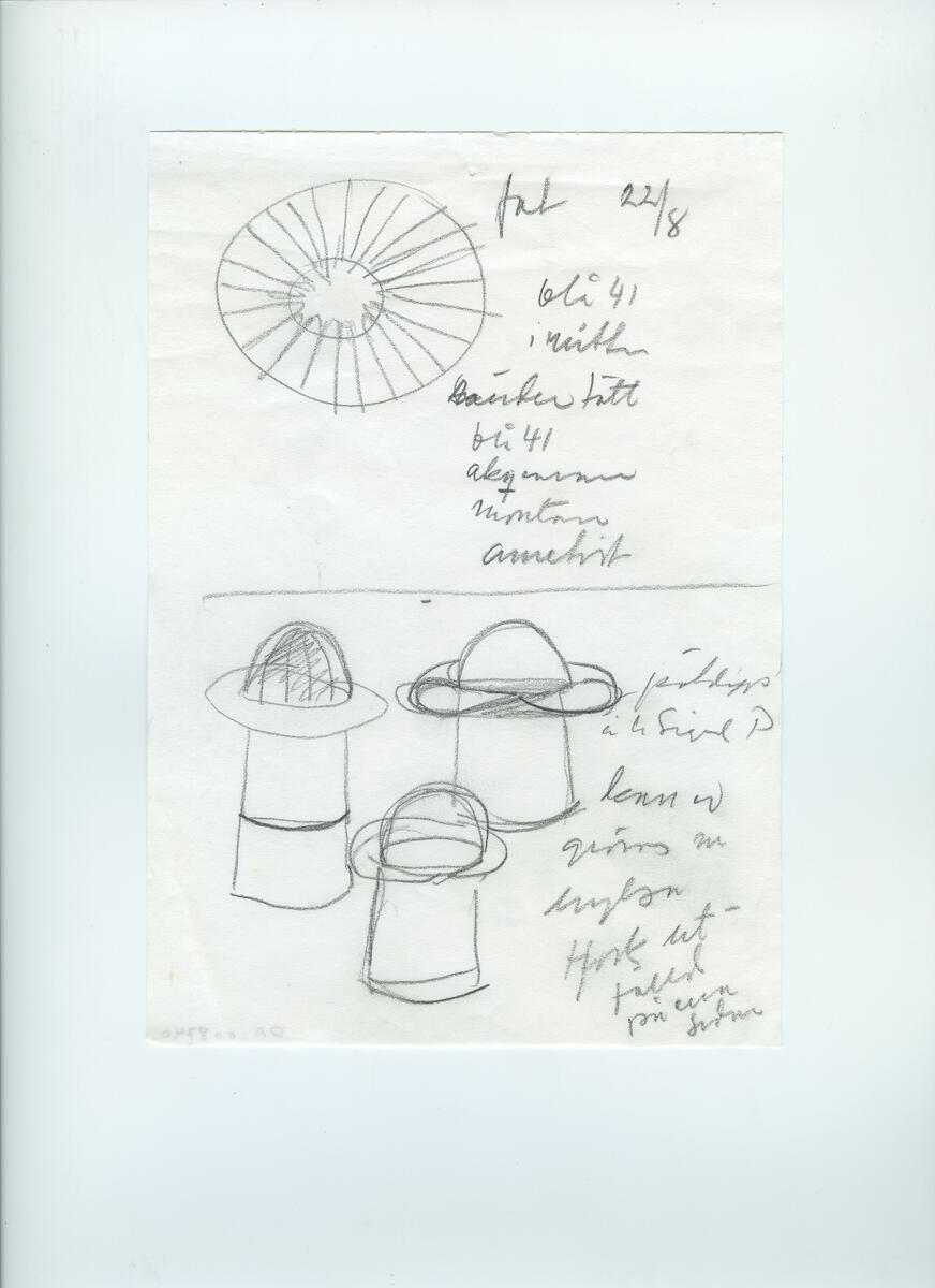 Skisser och referensmaterial till olika porslin- och glasföremål som grytor, kannor, koppar med fat, servisglas m.m. Bland annat formgivning för Rosenthal. Några skisskopior av Tapio Wirkkalas formgivning för Venini - inspirationsmaterial?