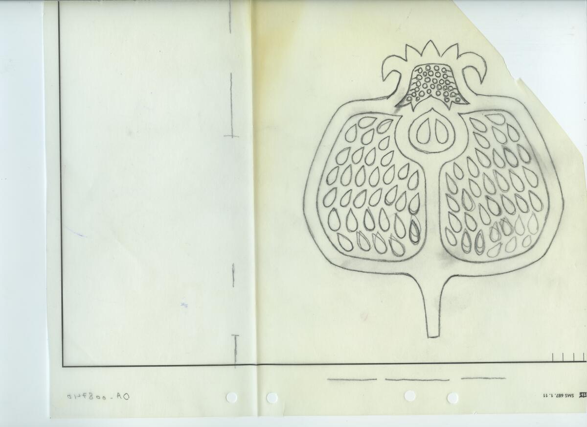 Skisser och referensmaterial till olika porslin- och glasföremål som grytor, kannor, koppar med fat, servisglas m.m. Bland annat formgivning för Rosenthal. Några skisskopior av Tapio Wirkkalas formgivning för Venini - inspirationsmaterial?