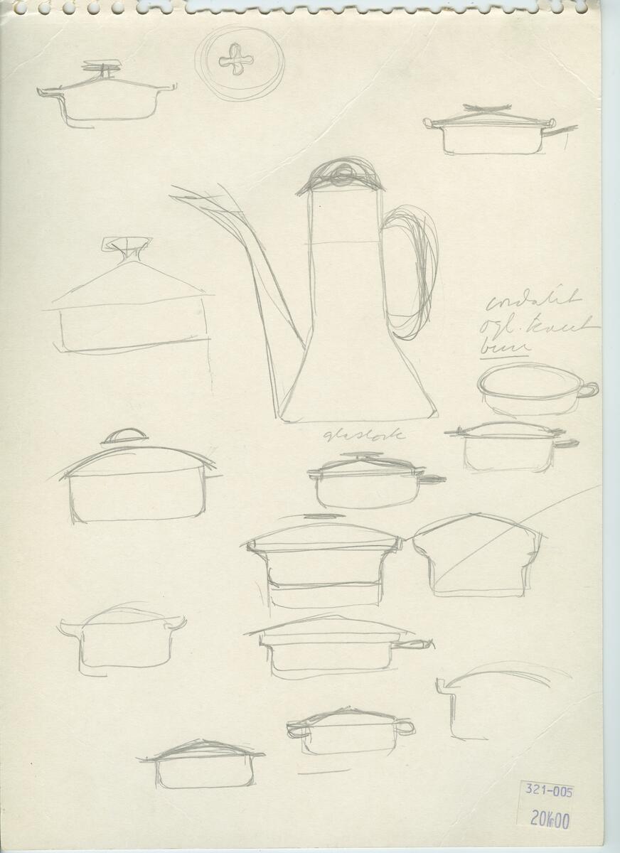 Skisser och referensmaterial till olika porslin- och glasföremål som grytor, kannor, koppar med fat, servisglas m.m. Bland annat formgivning för Rosenthal. Några skisskopior av Tapio Wirkkalas formgivning för Venini - inspirationsmaterial?