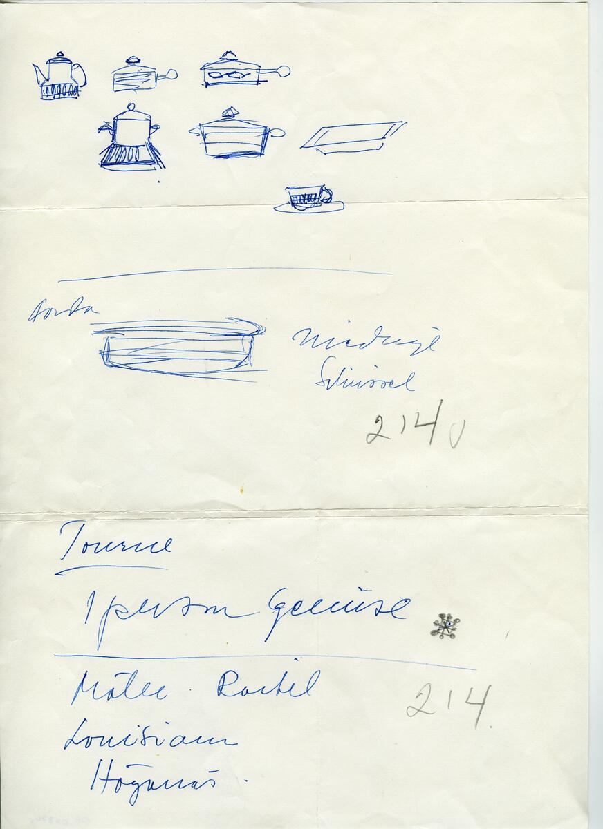 Skisser och referensmaterial till olika porslin- och glasföremål som grytor, kannor, koppar med fat, servisglas m.m. Bland annat formgivning för Rosenthal. Några skisskopior av Tapio Wirkkalas formgivning för Venini - inspirationsmaterial?