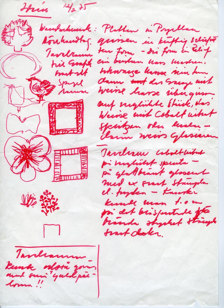 Skisser och referensmaterial till olika porslin- och glasföremål som grytor, kannor, koppar med fat, servisglas m.m. Bland annat formgivning för Rosenthal. Några skisskopior av Tapio Wirkkalas formgivning för Venini - inspirationsmaterial?