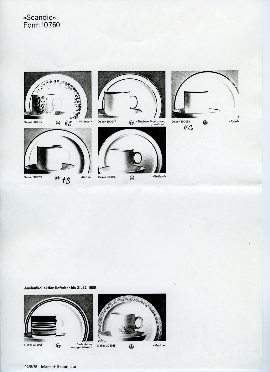 Skisser och referensmaterial till olika porslin- och glasföremål som grytor, kannor, koppar med fat, servisglas m.m. Bland annat formgivning för Rosenthal. Några skisskopior av Tapio Wirkkalas formgivning för Venini - inspirationsmaterial?