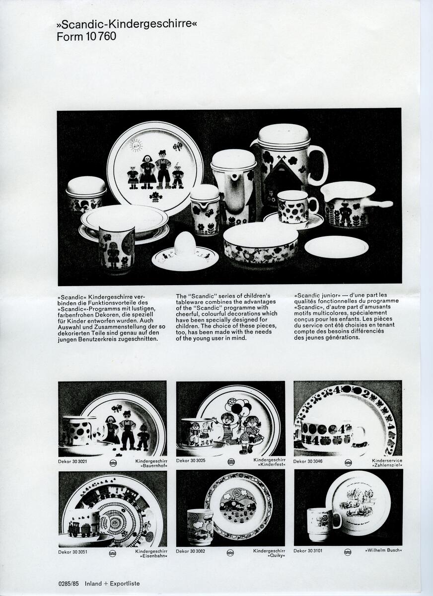 Skisser och referensmaterial till olika porslin- och glasföremål som grytor, kannor, koppar med fat, servisglas m.m. Bland annat formgivning för Rosenthal. Några skisskopior av Tapio Wirkkalas formgivning för Venini - inspirationsmaterial?
