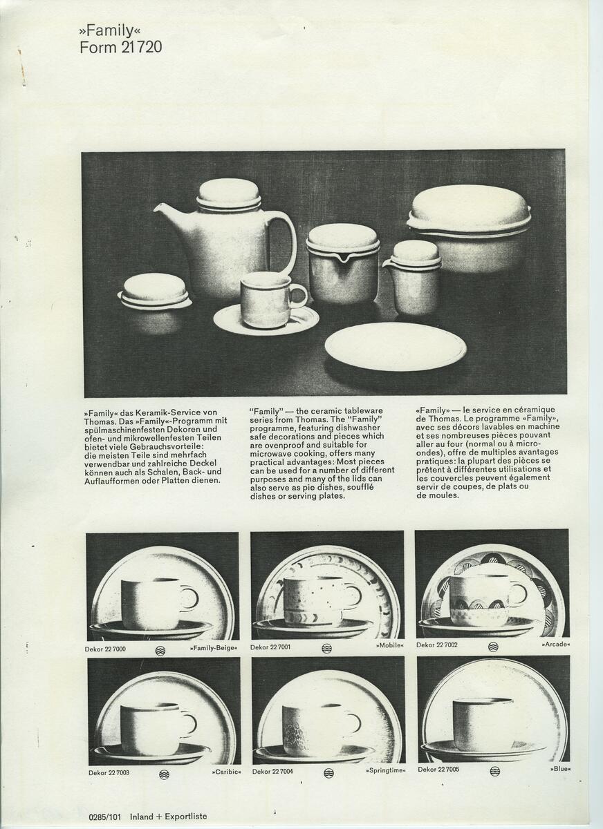 Skisser och referensmaterial till olika porslin- och glasföremål som grytor, kannor, koppar med fat, servisglas m.m. Bland annat formgivning för Rosenthal. Några skisskopior av Tapio Wirkkalas formgivning för Venini - inspirationsmaterial?