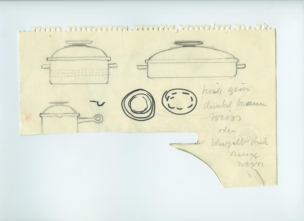 Skisser och referensmaterial till olika porslin- och glasföremål som grytor, kannor, koppar med fat, servisglas m.m. Bland annat formgivning för Rosenthal. Några skisskopior av Tapio Wirkkalas formgivning för Venini - inspirationsmaterial?
