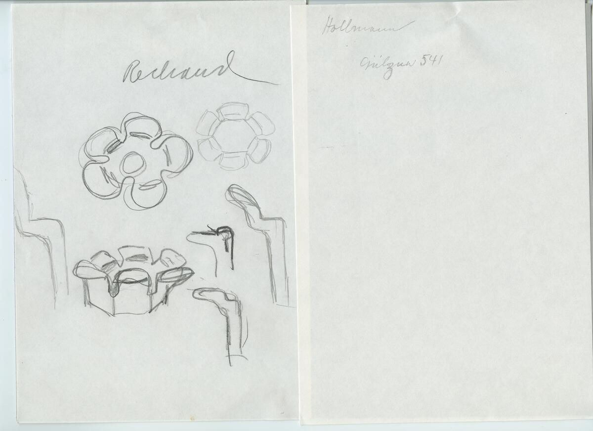 Skisser och referensmaterial till olika porslin- och glasföremål som grytor, kannor, koppar med fat, servisglas m.m. Bland annat formgivning för Rosenthal. Några skisskopior av Tapio Wirkkalas formgivning för Venini - inspirationsmaterial?