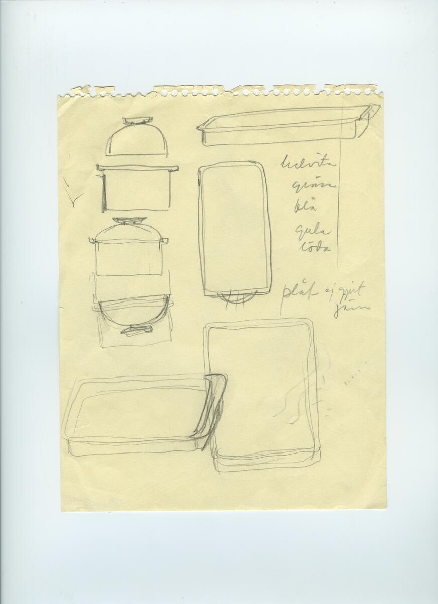 Skisser och referensmaterial till olika porslin- och glasföremål som grytor, kannor, koppar med fat, servisglas m.m. Bland annat formgivning för Rosenthal. Några skisskopior av Tapio Wirkkalas formgivning för Venini - inspirationsmaterial?