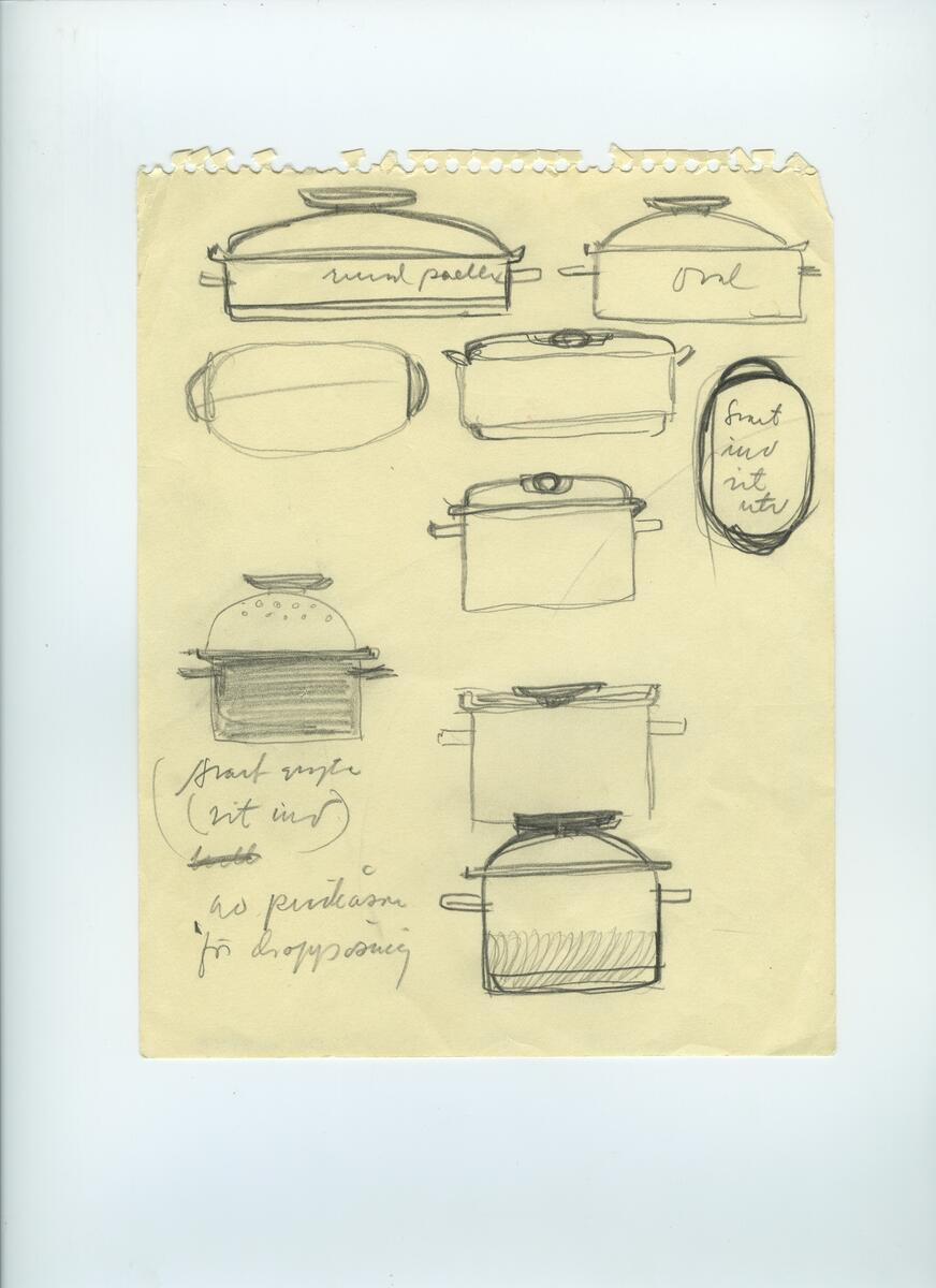 Skisser och referensmaterial till olika porslin- och glasföremål som grytor, kannor, koppar med fat, servisglas m.m. Bland annat formgivning för Rosenthal. Några skisskopior av Tapio Wirkkalas formgivning för Venini - inspirationsmaterial?