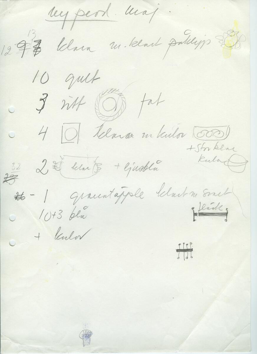 Skisser och referensmaterial till olika porslin- och glasföremål som grytor, kannor, koppar med fat, servisglas m.m. Bland annat formgivning för Rosenthal. Några skisskopior av Tapio Wirkkalas formgivning för Venini - inspirationsmaterial?