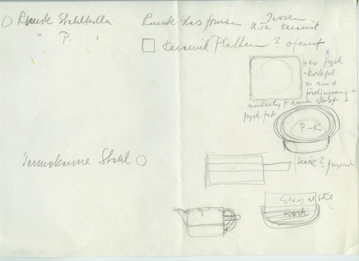 Skisser och referensmaterial till olika porslin- och glasföremål som grytor, kannor, koppar med fat, servisglas m.m. Bland annat formgivning för Rosenthal. Några skisskopior av Tapio Wirkkalas formgivning för Venini - inspirationsmaterial?