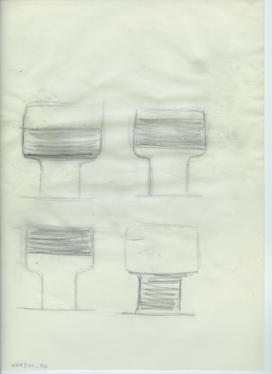 Skisser och referensmaterial till olika porslin- och glasföremål som grytor, kannor, koppar med fat, servisglas m.m. Bland annat formgivning för Rosenthal. Några skisskopior av Tapio Wirkkalas formgivning för Venini - inspirationsmaterial?