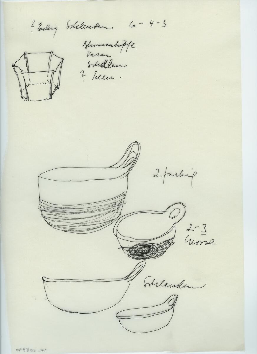 Skisser och referensmaterial till olika porslin- och glasföremål som grytor, kannor, koppar med fat, servisglas m.m. Bland annat formgivning för Rosenthal. Några skisskopior av Tapio Wirkkalas formgivning för Venini - inspirationsmaterial?