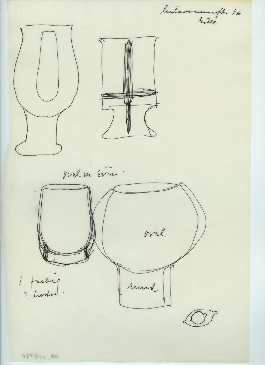 Skisser och referensmaterial till olika porslin- och glasföremål som grytor, kannor, koppar med fat, servisglas m.m. Bland annat formgivning för Rosenthal. Några skisskopior av Tapio Wirkkalas formgivning för Venini - inspirationsmaterial?