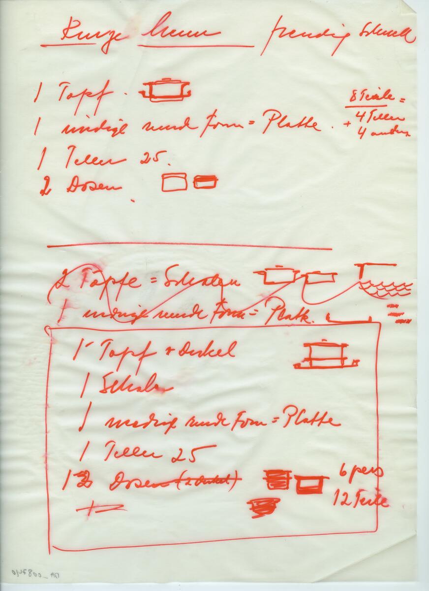 Skisser och referensmaterial till olika porslin- och glasföremål som grytor, kannor, koppar med fat, servisglas m.m. Bland annat formgivning för Rosenthal. Några skisskopior av Tapio Wirkkalas formgivning för Venini - inspirationsmaterial?