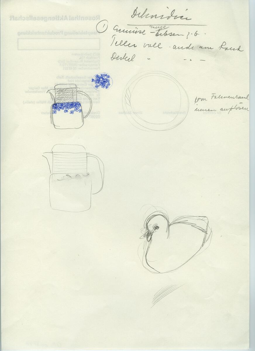 Skisser och referensmaterial till olika porslin- och glasföremål som grytor, kannor, koppar med fat, servisglas m.m. Bland annat formgivning för Rosenthal. Några skisskopior av Tapio Wirkkalas formgivning för Venini - inspirationsmaterial?