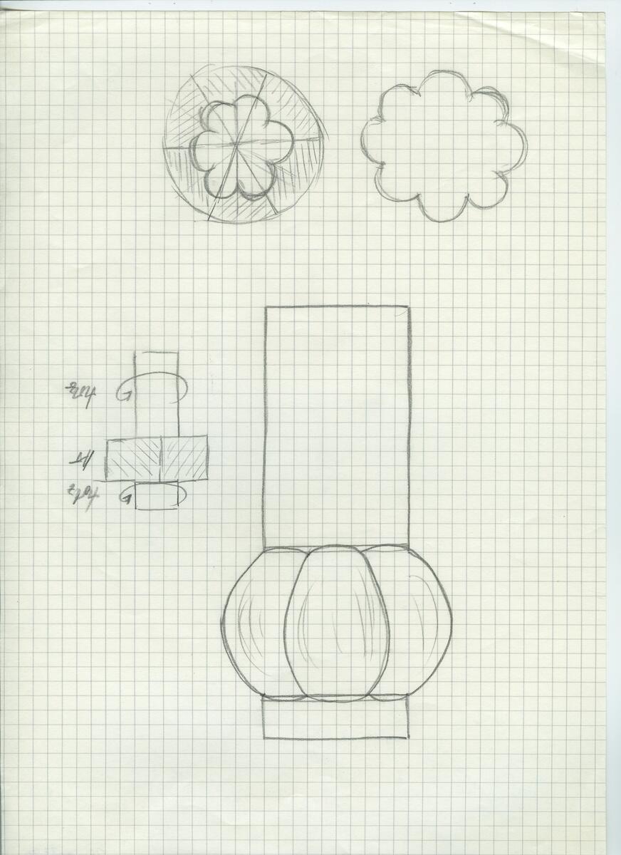 Skisser och referensmaterial till olika porslin- och glasföremål som grytor, kannor, koppar med fat, servisglas m.m. Bland annat formgivning för Rosenthal. Några skisskopior av Tapio Wirkkalas formgivning för Venini - inspirationsmaterial?