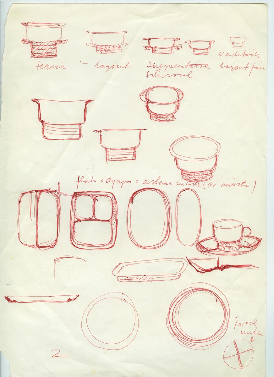 Skisser och referensmaterial till olika porslin- och glasföremål som grytor, kannor, koppar med fat, servisglas m.m. Bland annat formgivning för Rosenthal. Några skisskopior av Tapio Wirkkalas formgivning för Venini - inspirationsmaterial?