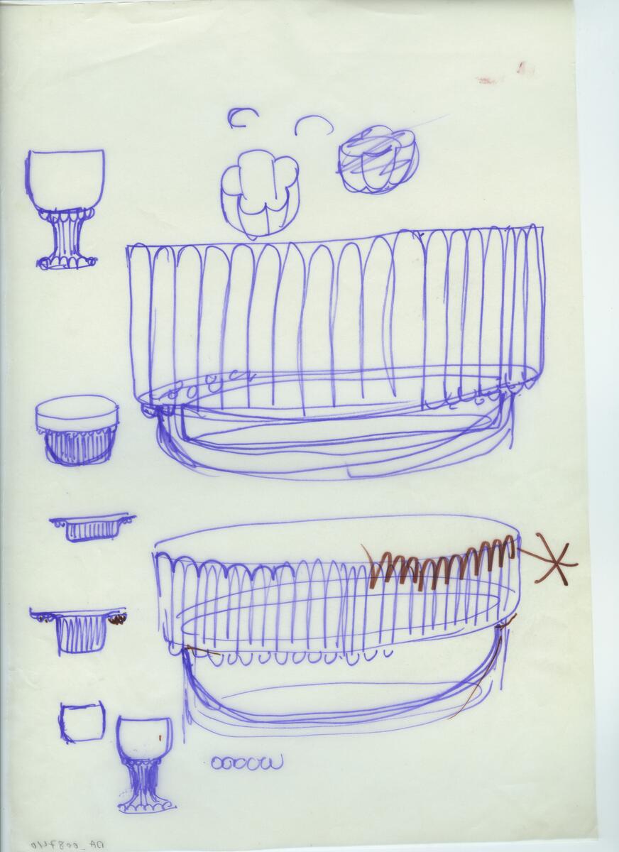 Skisser och referensmaterial till olika porslin- och glasföremål som grytor, kannor, koppar med fat, servisglas m.m. Bland annat formgivning för Rosenthal. Några skisskopior av Tapio Wirkkalas formgivning för Venini - inspirationsmaterial?