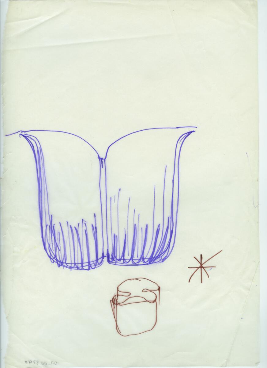 Skisser och referensmaterial till olika porslin- och glasföremål som grytor, kannor, koppar med fat, servisglas m.m. Bland annat formgivning för Rosenthal. Några skisskopior av Tapio Wirkkalas formgivning för Venini - inspirationsmaterial?