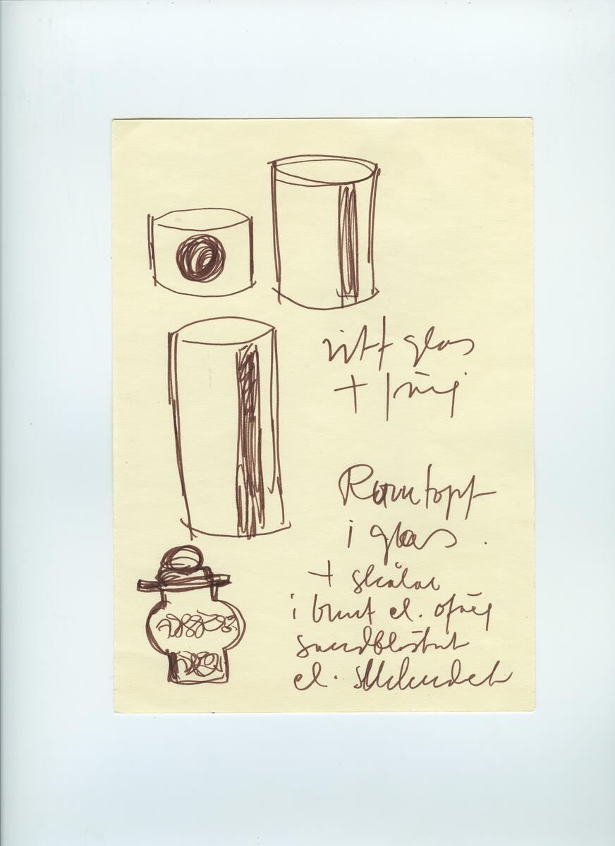 Skisser och referensmaterial till olika porslin- och glasföremål som grytor, kannor, koppar med fat, servisglas m.m. Bland annat formgivning för Rosenthal. Några skisskopior av Tapio Wirkkalas formgivning för Venini - inspirationsmaterial?