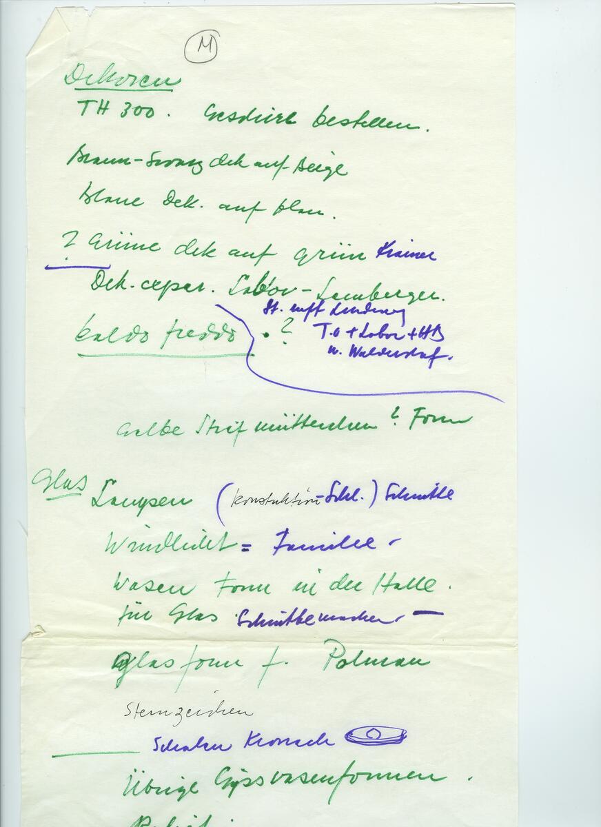 Skisser och referensmaterial till olika porslin- och glasföremål som grytor, kannor, koppar med fat, servisglas m.m. Bland annat formgivning för Rosenthal. Några skisskopior av Tapio Wirkkalas formgivning för Venini - inspirationsmaterial?