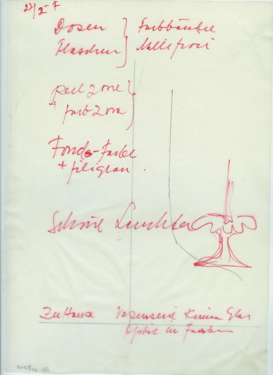 Skisser och referensmaterial till olika porslin- och glasföremål som grytor, kannor, koppar med fat, servisglas m.m. Bland annat formgivning för Rosenthal. Några skisskopior av Tapio Wirkkalas formgivning för Venini - inspirationsmaterial?