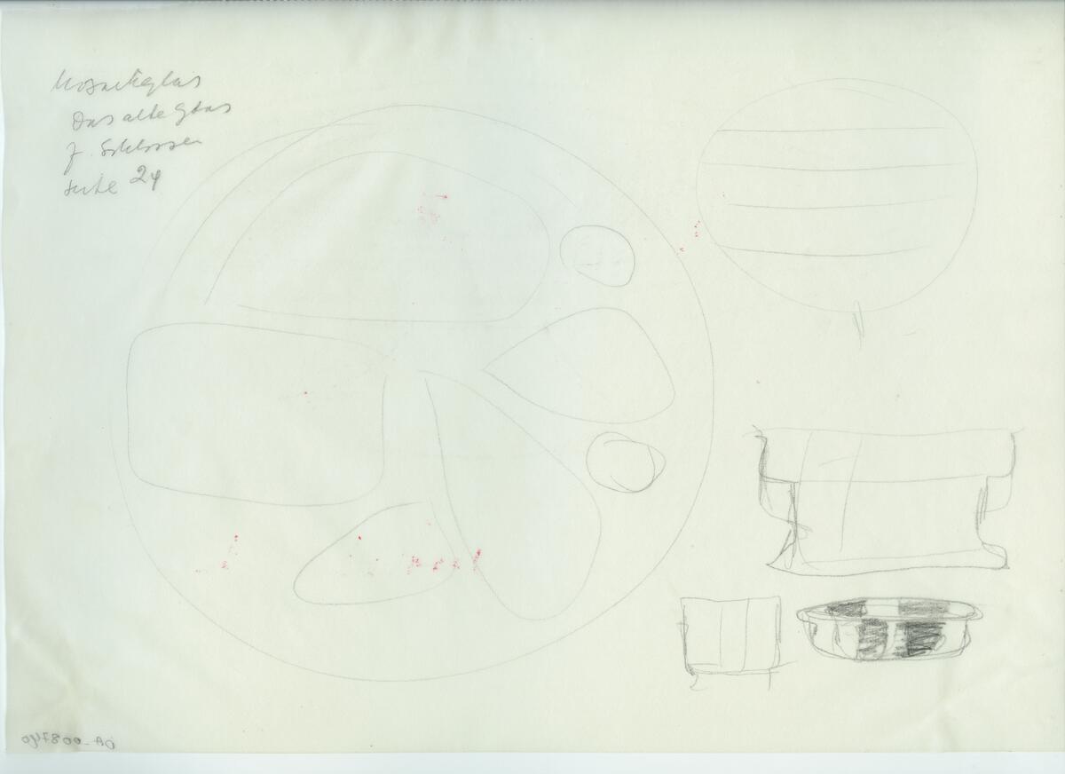 Skisser och referensmaterial till olika porslin- och glasföremål som grytor, kannor, koppar med fat, servisglas m.m. Bland annat formgivning för Rosenthal. Några skisskopior av Tapio Wirkkalas formgivning för Venini - inspirationsmaterial?