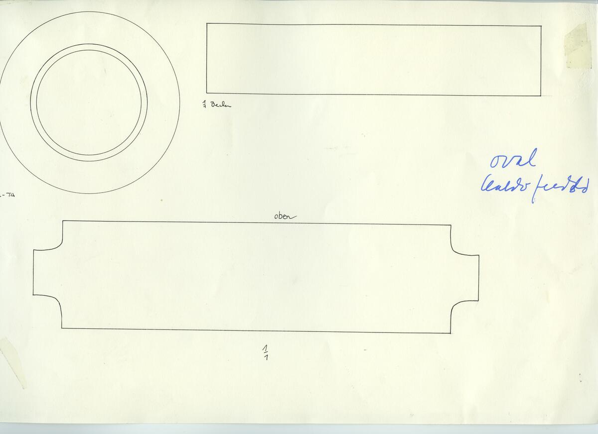 Skisser och referensmaterial till olika porslin- och glasföremål som grytor, kannor, koppar med fat, servisglas m.m. Bland annat formgivning för Rosenthal. Några skisskopior av Tapio Wirkkalas formgivning för Venini - inspirationsmaterial?