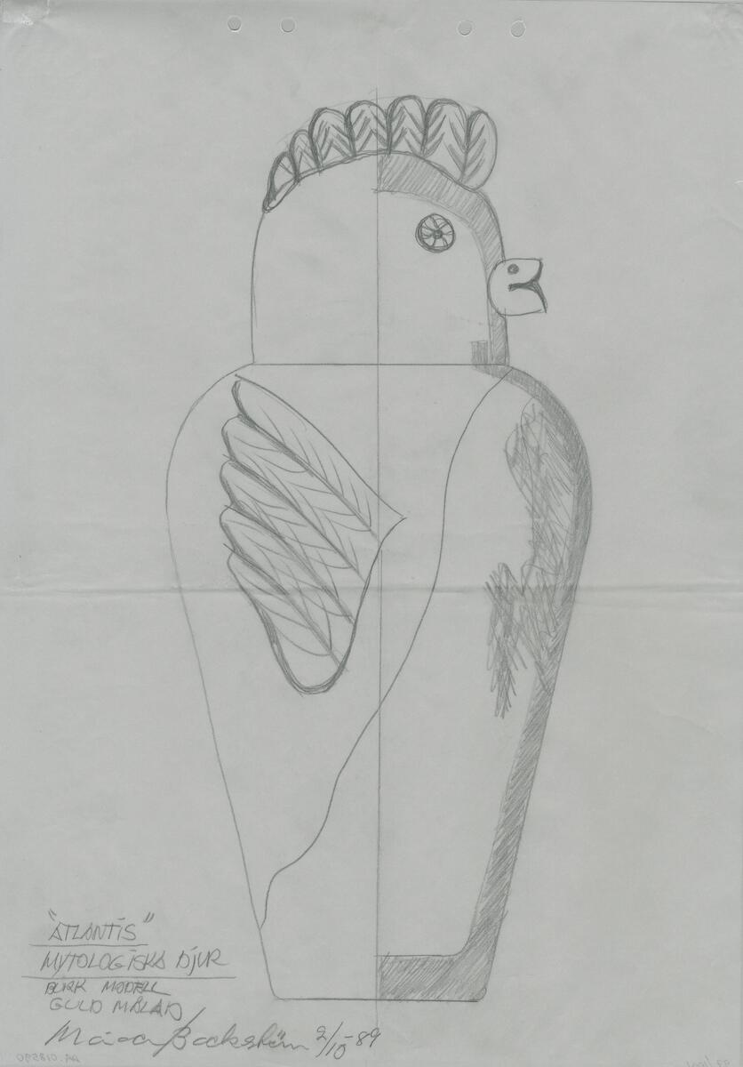 Skiss till en hög burk med lock i form av en fågel. Burken utgör fågelns kropp och locket dess huvud. Flera påklipp såsom ögon, näbb, fjädrar samt vingar.  Enligt skissen skall skulpturen delvis vara guldmålad. Noteringar.