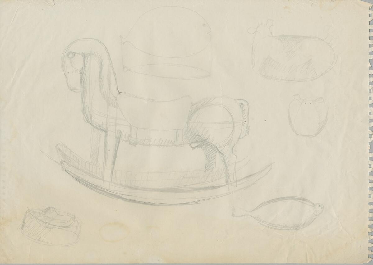 Skiss till leksaker. På skissen finns en gunghäst, fiskar och får.