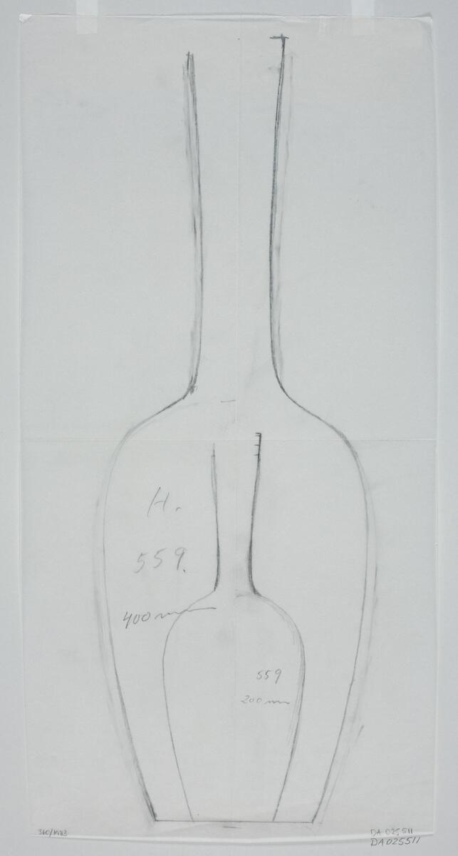 Skiss till vas med smal hals och utdragen rundad kropp. Två storlekar finns på skissen, 400 mm och 200 mm.