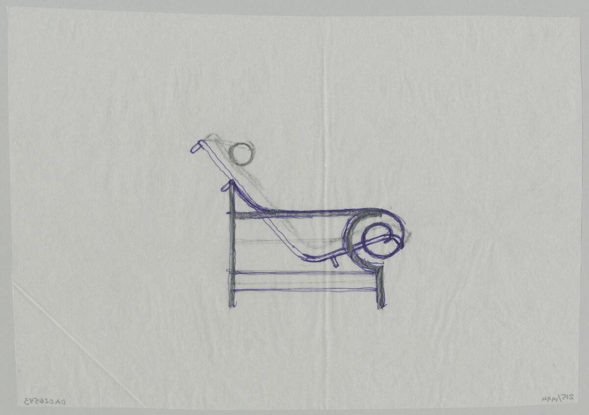 Skissförslag till trädgårdsstol. Rygg och sits i ett, nackkudde, armstöd med snurr.