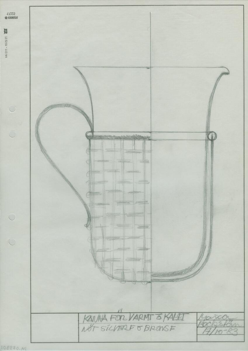 Skisser till en serie, i vilken ingår följande produkter  kork, kanna, tekopp i glas, vinställ, brödkorg, ishink i glas och sockerkorg - samtliga med nät i silver- eller bronsfärg. Noteringar.