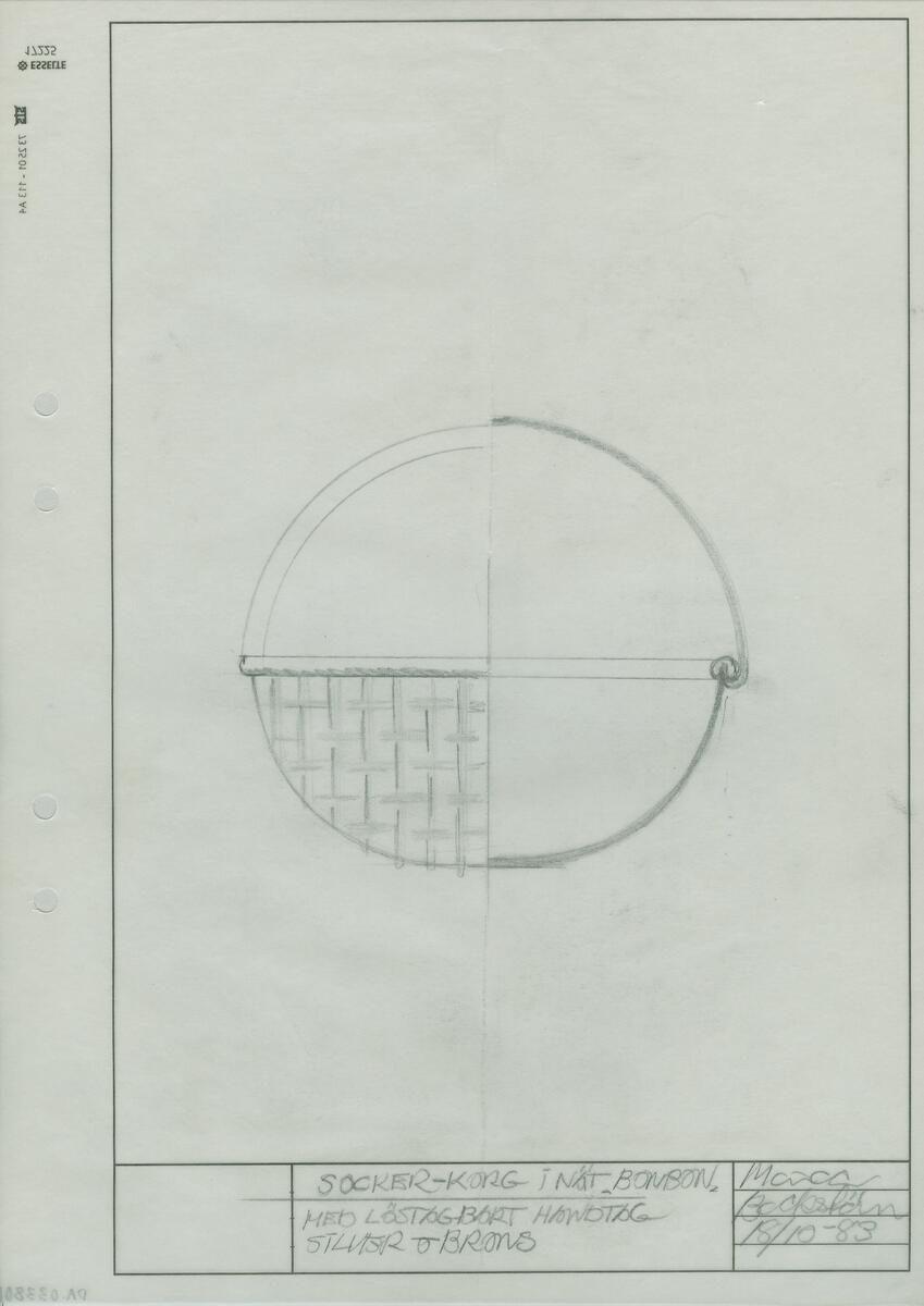 Skisser till en serie, i vilken ingår följande produkter  kork, kanna, tekopp i glas, vinställ, brödkorg, ishink i glas och sockerkorg - samtliga med nät i silver- eller bronsfärg. Noteringar.