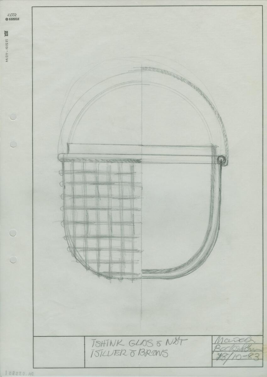 Skisser till en serie, i vilken ingår följande produkter  kork, kanna, tekopp i glas, vinställ, brödkorg, ishink i glas och sockerkorg - samtliga med nät i silver- eller bronsfärg. Noteringar.