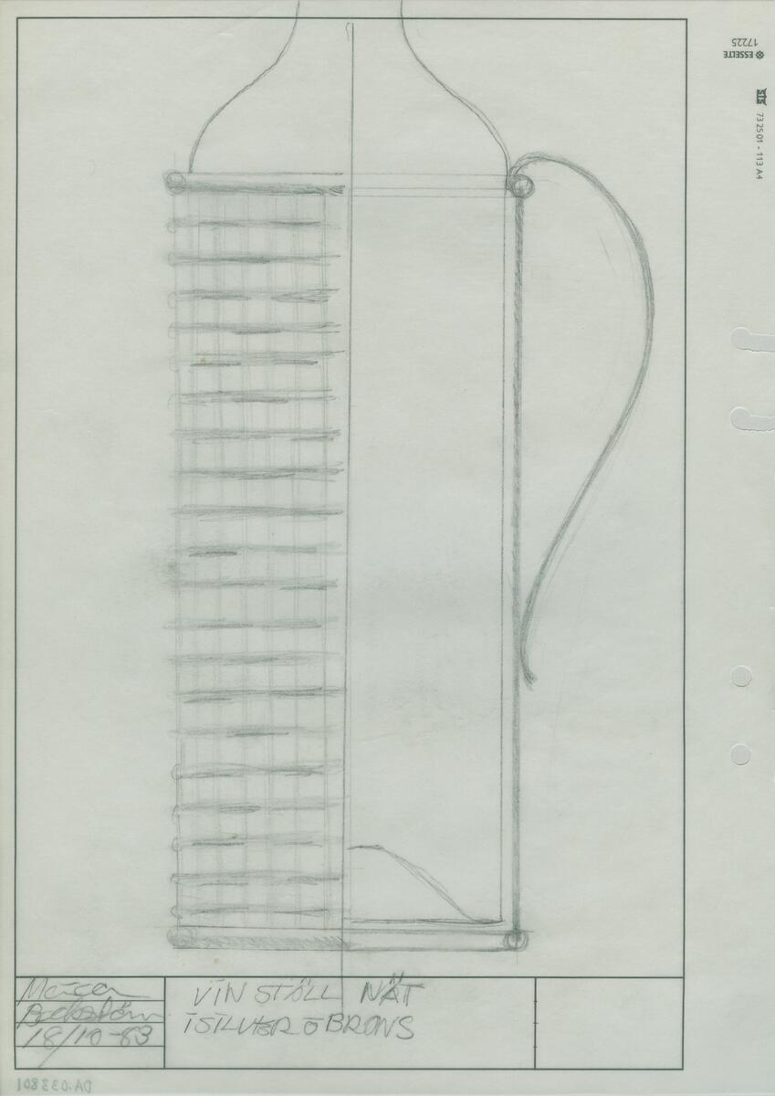 Skisser till en serie, i vilken ingår följande produkter  kork, kanna, tekopp i glas, vinställ, brödkorg, ishink i glas och sockerkorg - samtliga med nät i silver- eller bronsfärg. Noteringar.