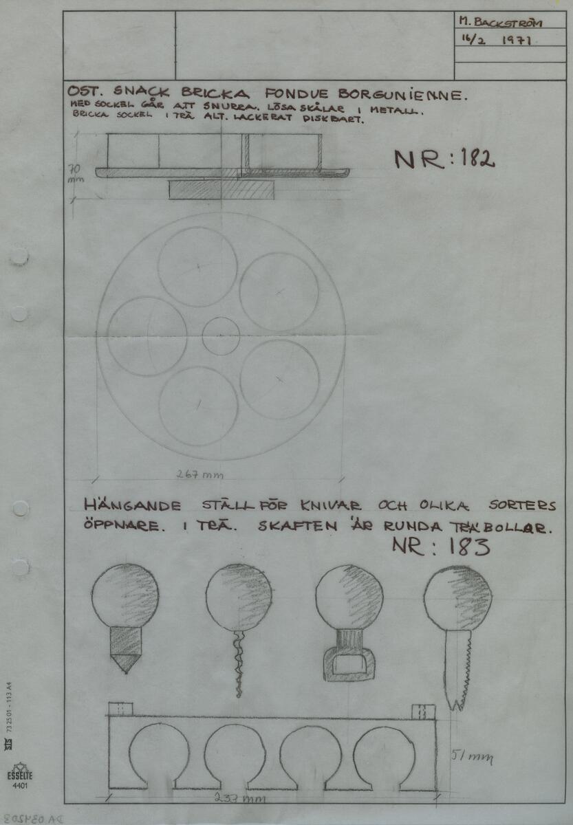 Referensmaterial rörande Backström & Höglund Design AB. Materialet innehåller skisser till en mängd produkter  bl a tygmönster, reliefmönster, plastburkar, brickställ, luffarschack, pepparkvarn, saltströare, brickor, knivställ, ljusstakar samt en gryta. En innehållsförteckning över produkterna samt en prislista för AB Smålandsslöjds produkter finns också bland materialet. Prislistan är daterad 14/5-71.