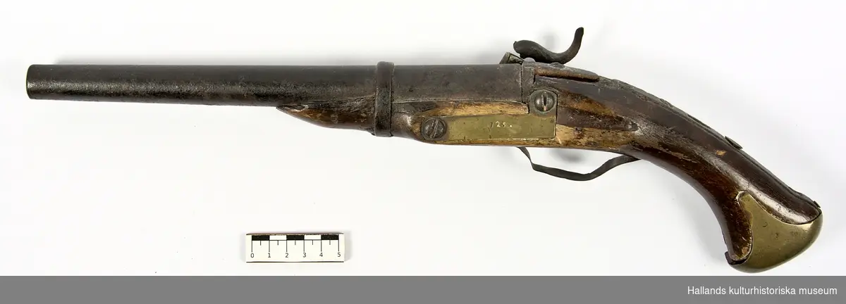 Slaglåspistol försedd med halvstock. Kolv och stock i trä (ek). Kolvbeslag av mässing och mekanik i järn. Varbygel och beslag på pistolens vänstra sida av mässing har tillkommit efter jordfynd. Framstocken saknar laddstocksränna. Pipan har en innerdiameter  på c:a 16mm och i piprännan sitter en kula av senare datum fastkilad; troligtvis en spelkula.
