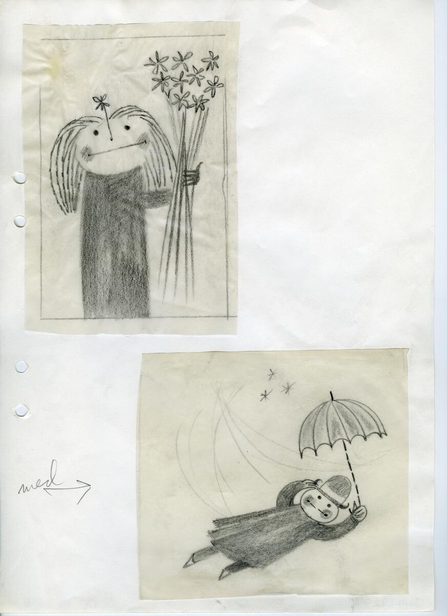 Materialet innehåller skisser till gravyrer av olika slag.