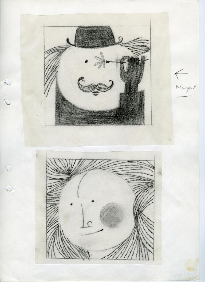 Materialet innehåller skisser till gravyrer av olika slag.