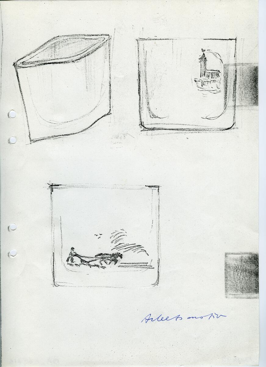 Materialet innehåller skisser till gravyrer av olika slag.