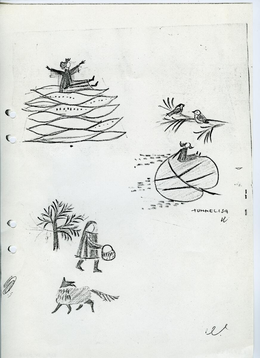 Materialet innehåller skisser till gravyrer av olika slag.