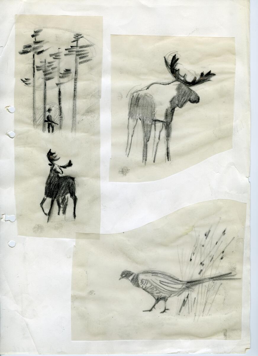 Materialet innehåller skisser till gravyrer av olika slag.