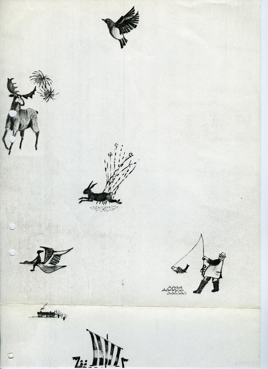 Materialet innehåller skisser till gravyrer av olika slag.