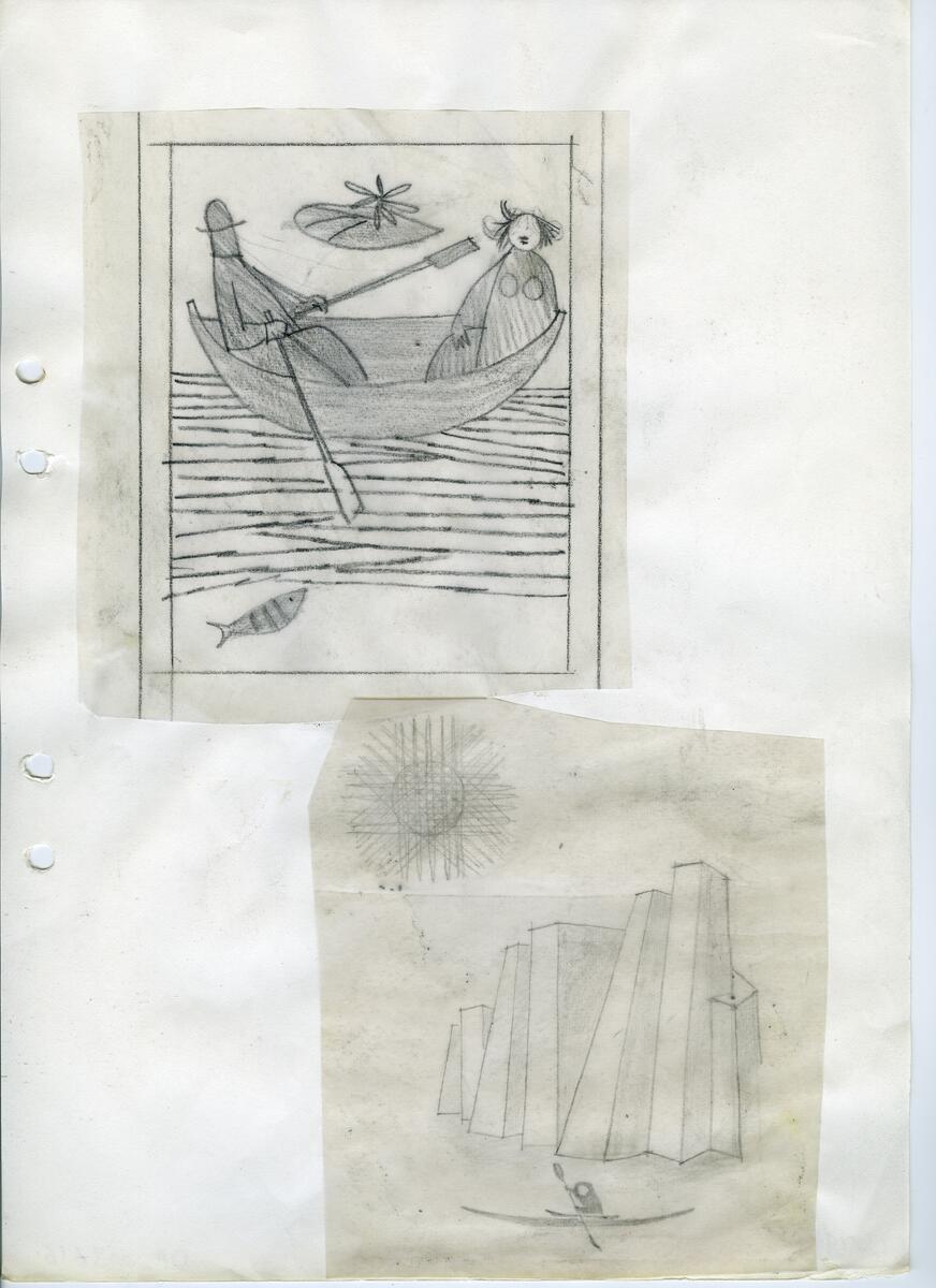 Materialet innehåller skisser till gravyrer av olika slag.