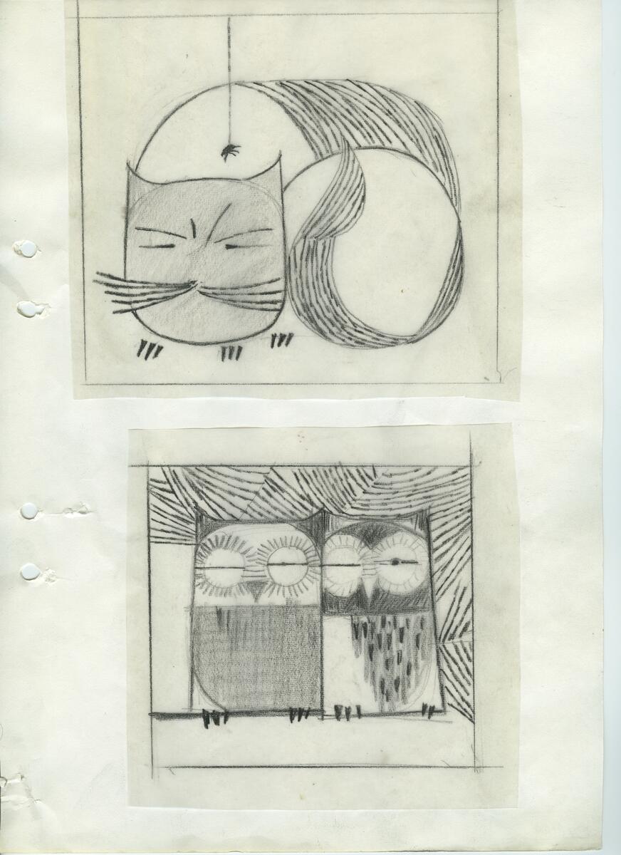 Materialet innehåller skisser till gravyrer av olika slag.