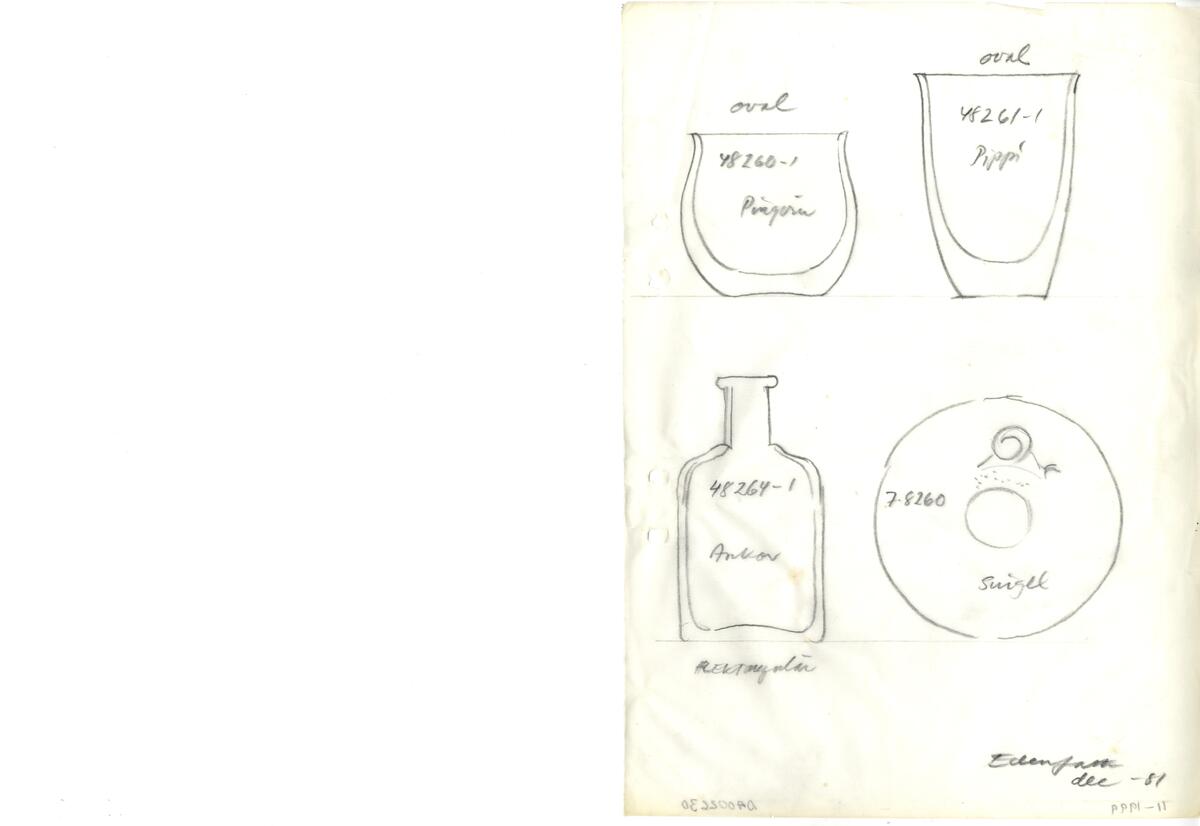 Materialet innehåller skisser till vaser, skålar, ljusstakar m.m.