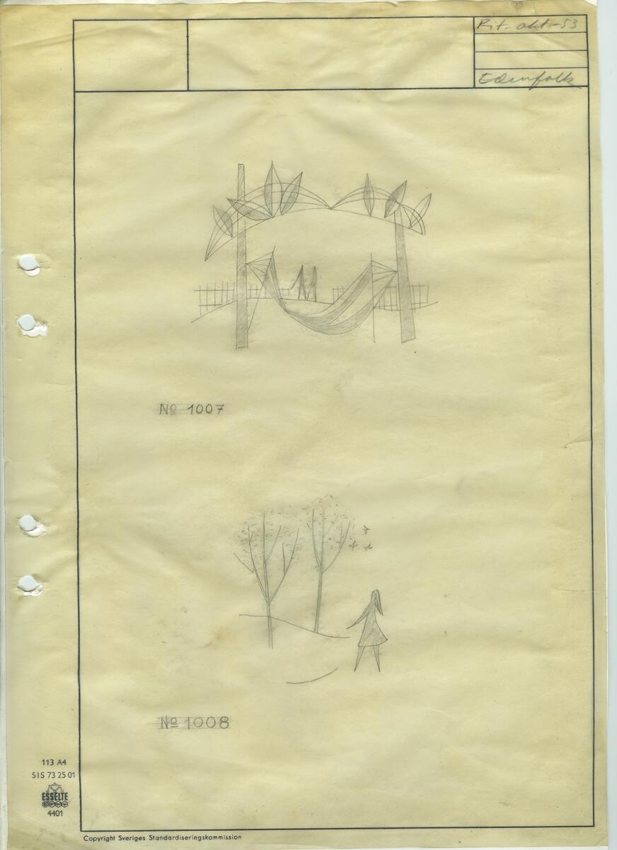 Materialet innehåller skisser till gravyrer av olika slag.